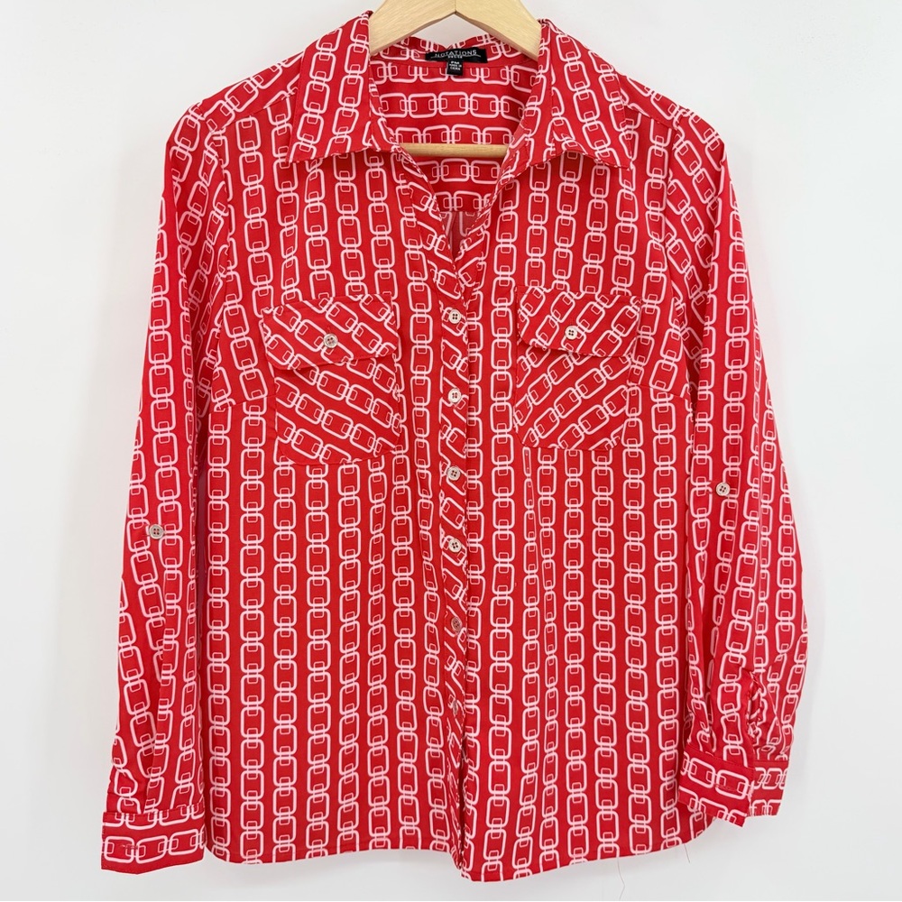 Notations Geometric Print Red White Button Down‎ Blouse Size Petite Medium